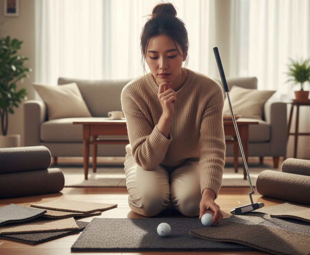 複数のカーペットの切れ端を床に並べ、どれがパッティング練習に適しているか吟味している日本人女性。