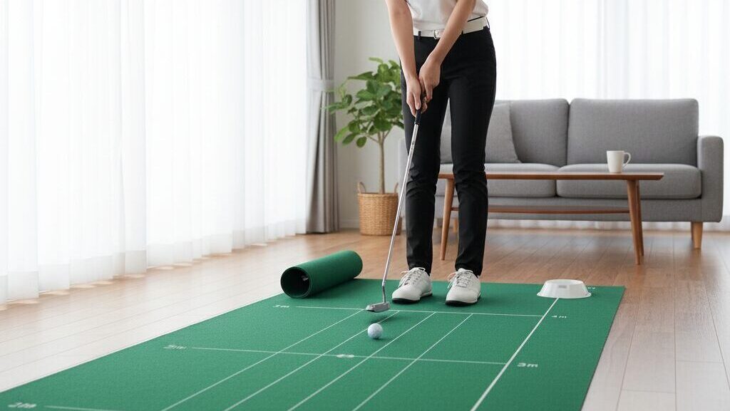広げられた市販のパターマットの上で、ガイドラインに沿ってパッティング練習をする日本人女性。