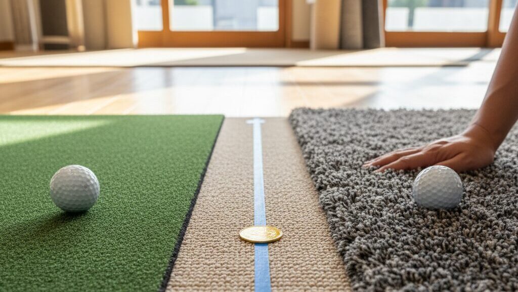 毛足の異なる3種類のカーペットとゴルフボール。パンチカーペット、一般的なカーペット、シャギーラグが比較されており、コインとマスキングテープで練習向きの表面が示されている。