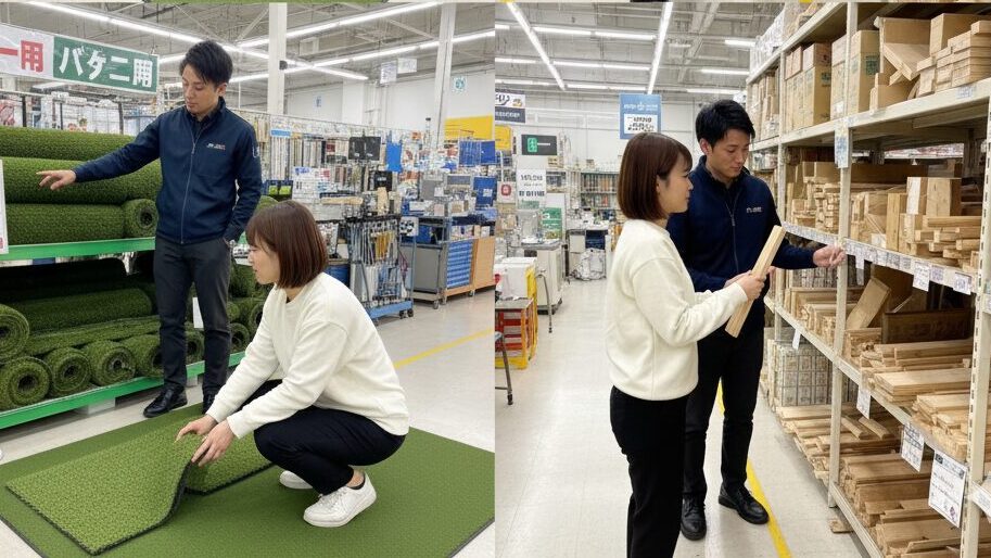 ホームセンターは人工芝と端材コーナーが狙い目