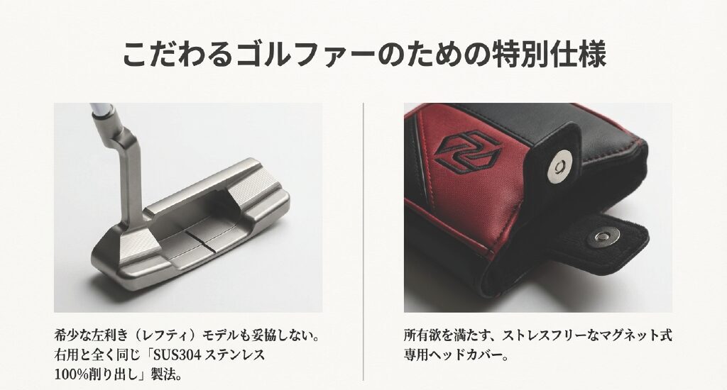 精密に削り出されたステンレス素材のパターヘッドと、高級感のある刺繍入りマグネット式ヘッドカバーのイメージ写真