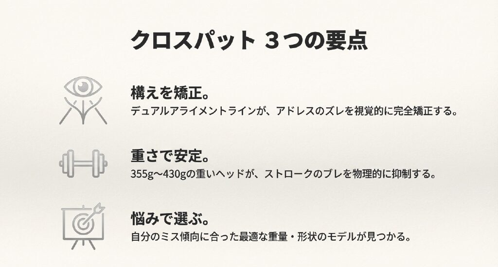クロスパットの3つの特徴「視覚による構えの矯正」「重さによる安定」「悩み別のモデル選択」を示した要点まとめスライド