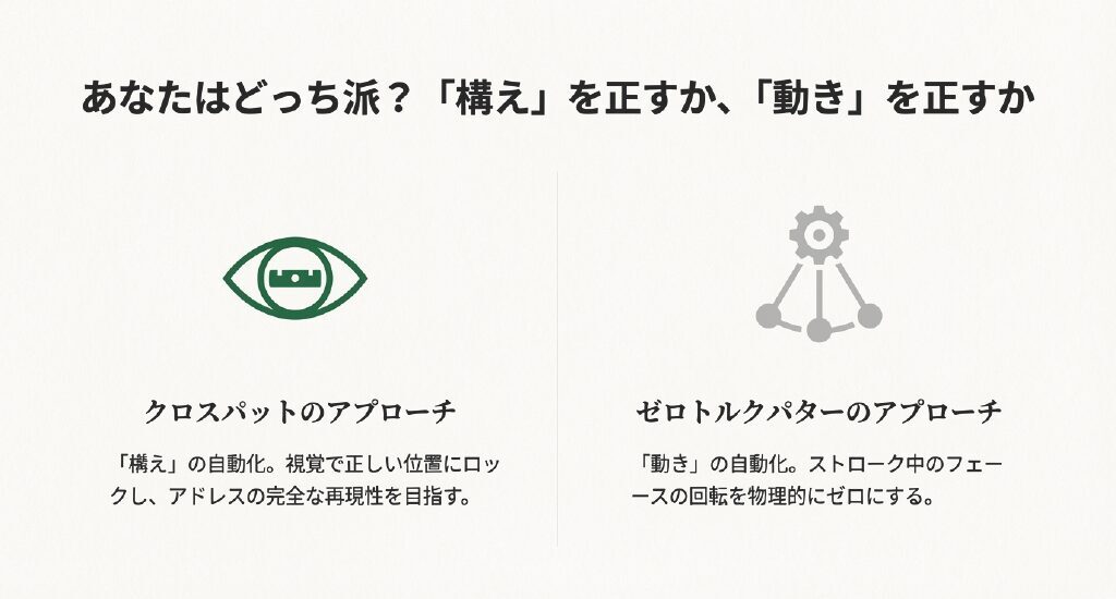 ロスパットは「構え（アドレス）」を自動化し、ゼロトルクパターは「動き（ストローク）」を自動化するという、それぞれの機能的特徴を比較した概念図