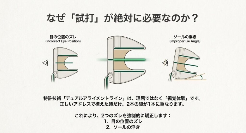 特許技術デュアルアライメントラインの仕組み。正しいアドレスでのみ2本の線が重なり目の位置とソールの浮きを矯正する図解