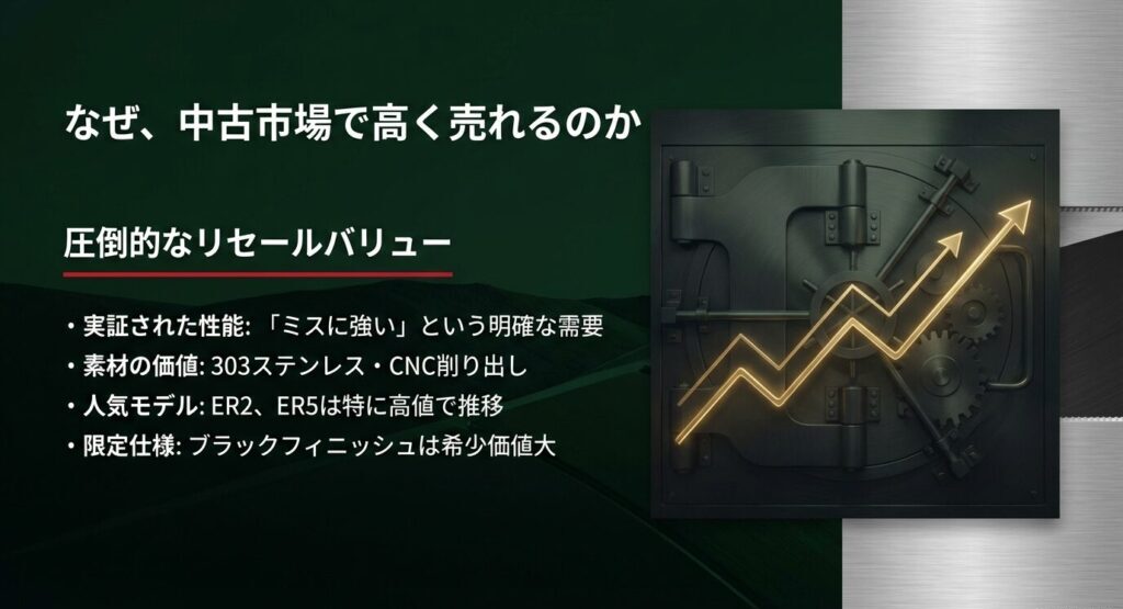 圧倒的なリセールバリューと中古市場で高く売れる理由(実証された性能、素材の価値、人気モデルなど)を解説するスライド