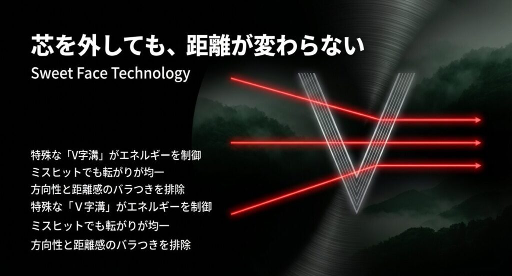 芯を外しても距離が変わらない、特殊なV字溝がエネルギーを制御するスイートフェーステクノロジーの解説スライド