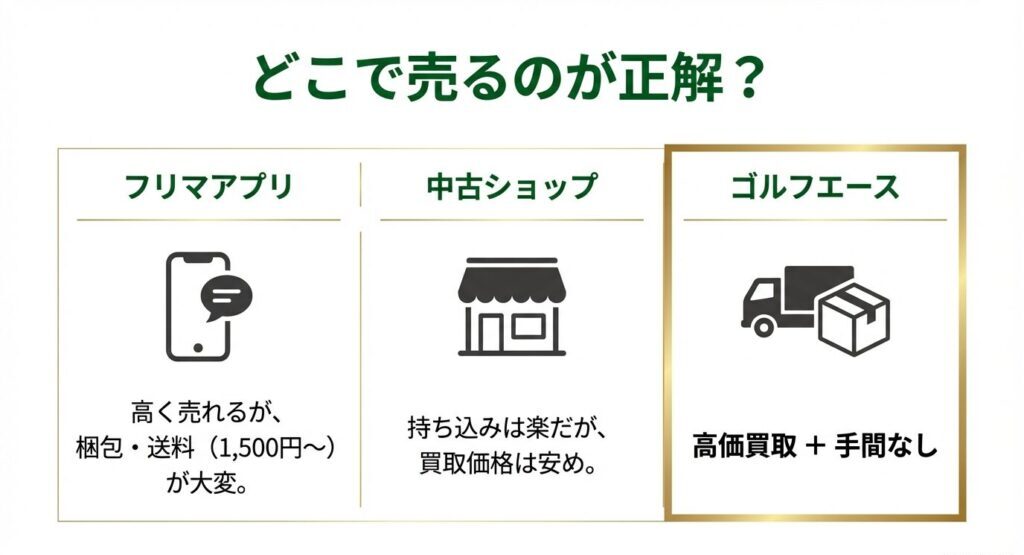 フリマアプリ・店舗買取・ゴルフエースの比較図解