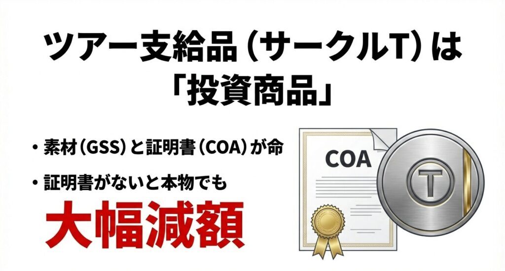 サークルTのロゴとCOA（証明書）のイラスト。証明書がないと大幅減額になることを警告する図