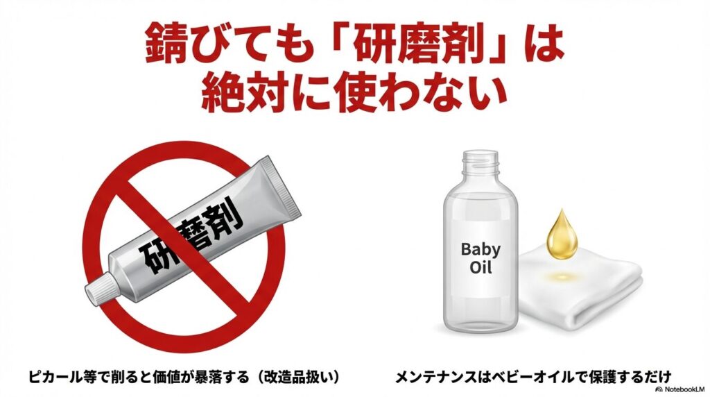 ベビーオイルの使用を推奨し、ピカールなどの研磨剤入りクリームに禁止マークがついているメンテナンス解説図