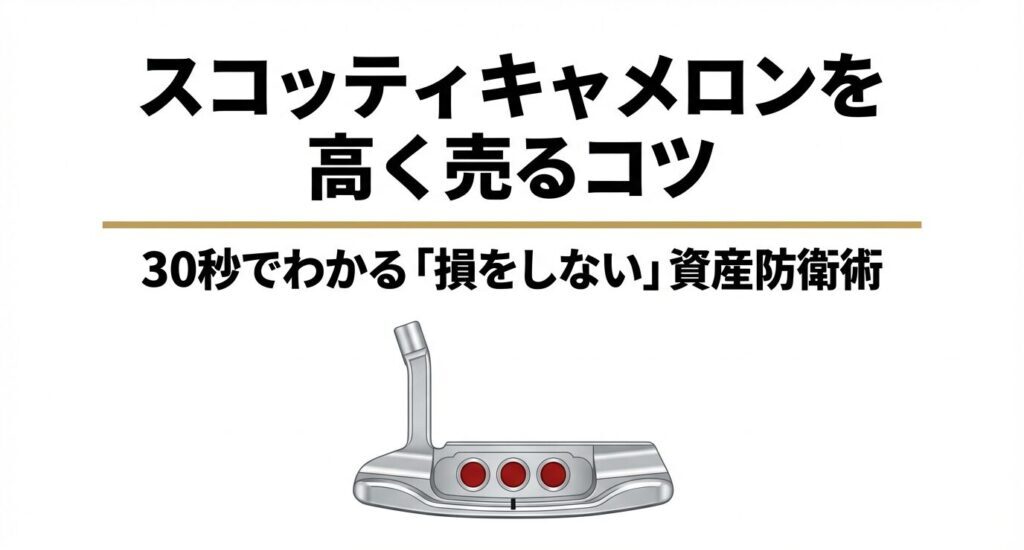 スコッティキャメロンのパター（スペシャルセレクト）のイラストと、高く売るコツ・資産防衛術というタイトル文字