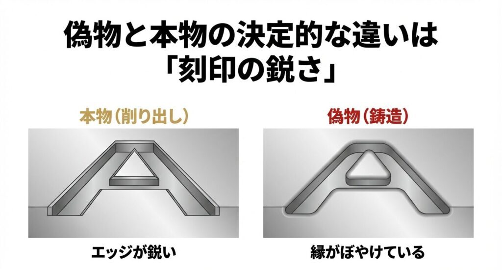 本物の削り出しパターの鋭い刻印エッジと、偽物の鋳造パターのぼやけた刻印エッジの比較拡大図