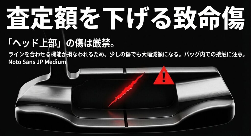 ラインを合わせる機能が損なわれ大幅な減額対象となるヘッド上部の傷に対する注意喚起