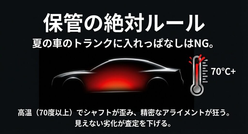 70度以上の高温でシャフトが歪み査定が下がる原因となる夏の車のトランク保管への警告