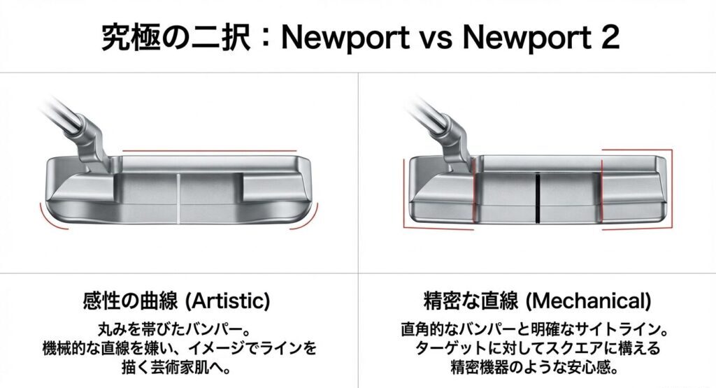 丸みを帯びたニューポートと直線的で角張ったニューポート2のヘッド形状の比較画像