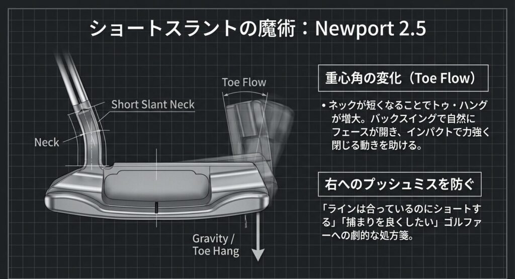 ニューポート2.5に採用されたショートスラントネックがもたらすトゥ・フロー（重心角）の解説図