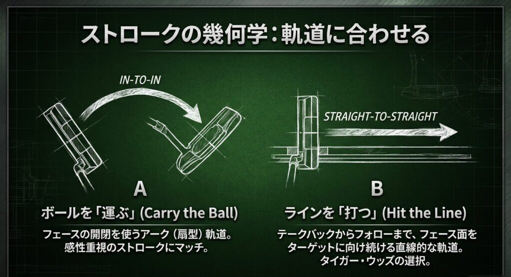 フェースの開閉を使うイントゥイン軌道と直線的に打ち出すストレート・トゥ・ストレート軌道のイラスト