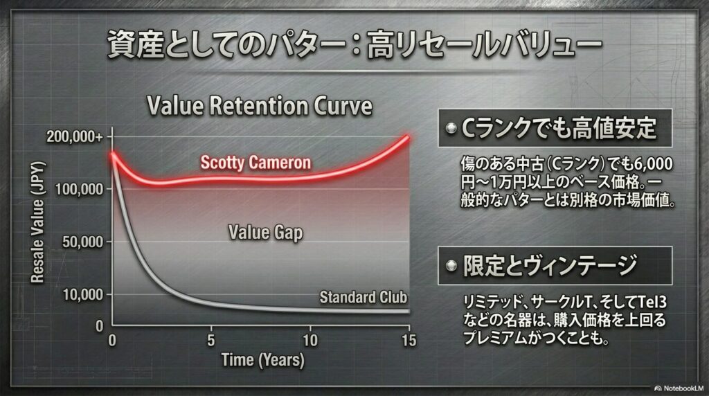 一般的なゴルフクラブとスコッティキャメロンの価値下落率を比較したリセールバリューグラフ