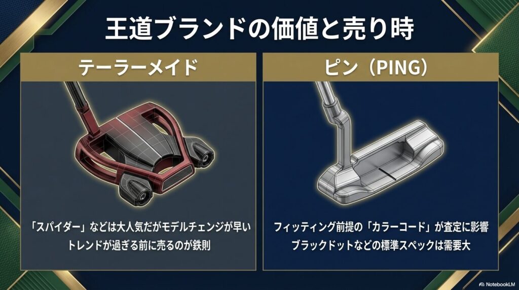 テーラーメイドやピン(PING)などの王道パターブランドの価値と売り時のポイントまとめ。モデルチェンジの早さやカラーコードが査定に影響する。