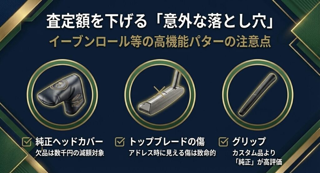 純正ヘッドカバーの欠品、アドレス時に見えるトップブレードの傷、非純正グリップへの交換など、パター査定額を数千円下げる意外な注意点。