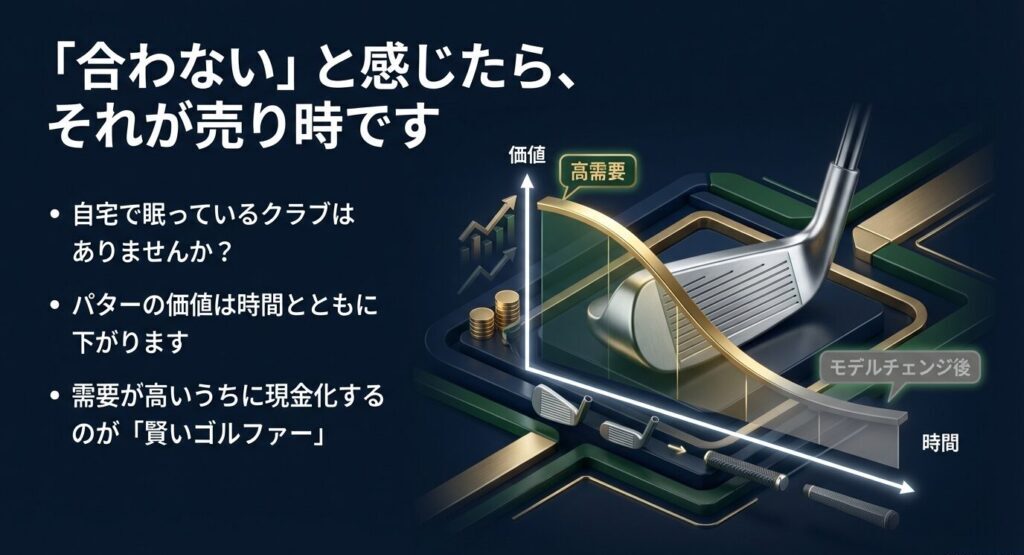 パターの価値は時間とともに下がり、モデルチェンジ後に急落することを示すグラフ。需要が高いうちに現金化するのが賢いゴルファーの鉄則。