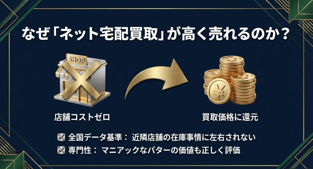 ネット宅配買取は実店舗のコストがゼロのため買取価格に還元でき、専門性を活かして全国データ基準で正しくマニアックなパターも評価される仕組み。