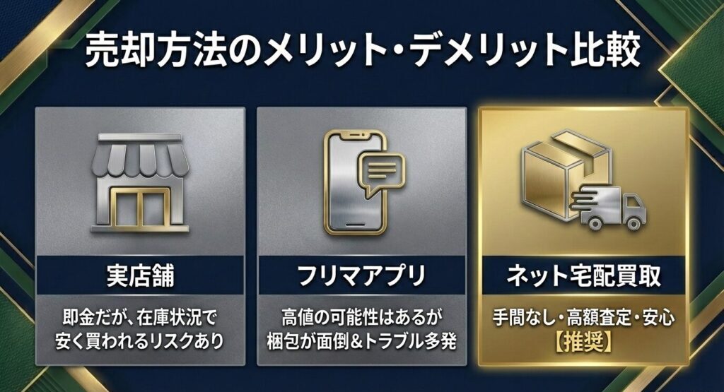 実店舗、フリマアプリ、ネット宅配買取のメリットとデメリットを比較。手間なし・高額査定のネット宅配買取を推奨する比較一覧。