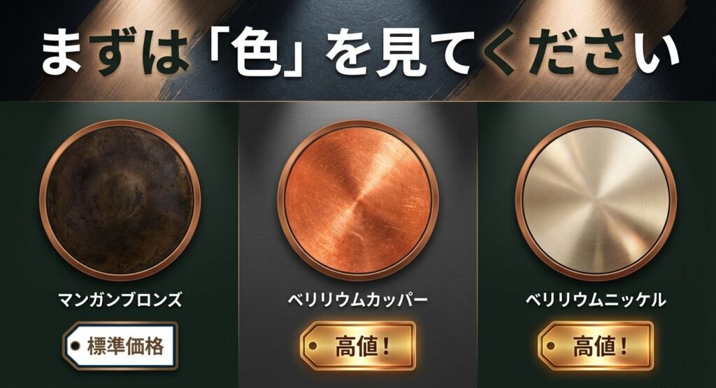 ピンパターの素材別カラー（マンガンブロンズ・ベリリウムカッパー・ベリリウムニッケル）