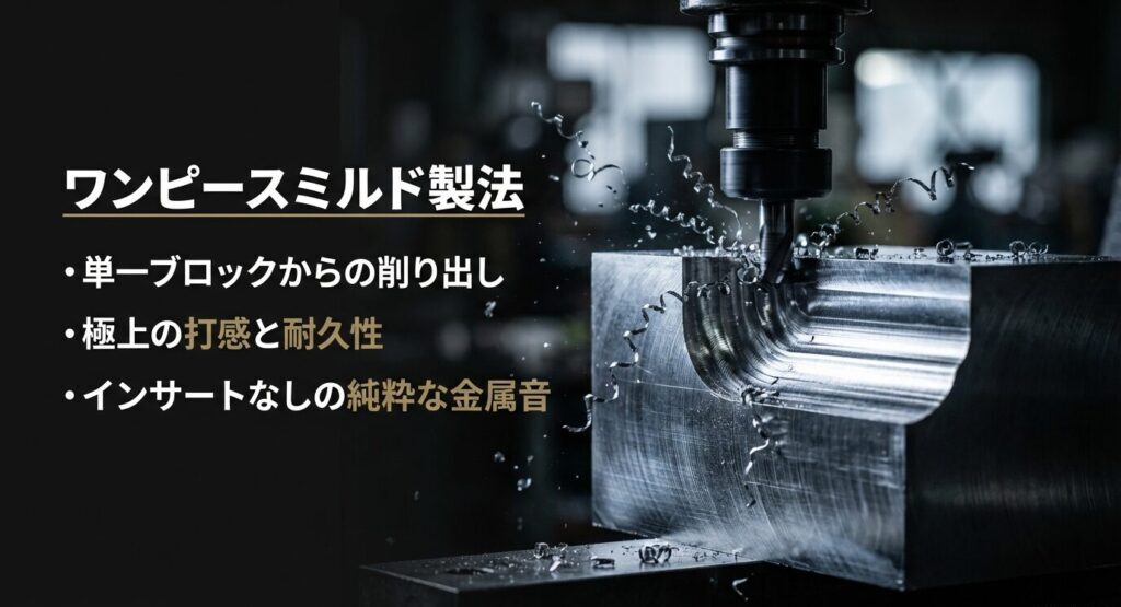 ワンピースミルド製法 による単一ブロックからの削り出し 。極上の打感と耐久性 を備え、インサートなしの純粋な金属音 を実現。