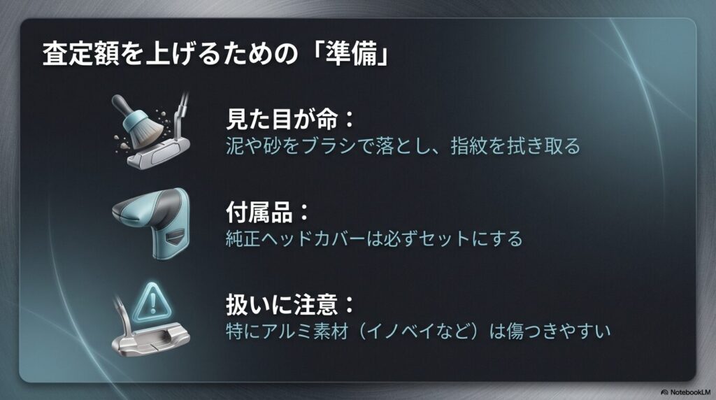 パターの査定額を上げるための準備として、汚れの拭き取り、純正ヘッドカバーなどの付属品、取扱いの注意点