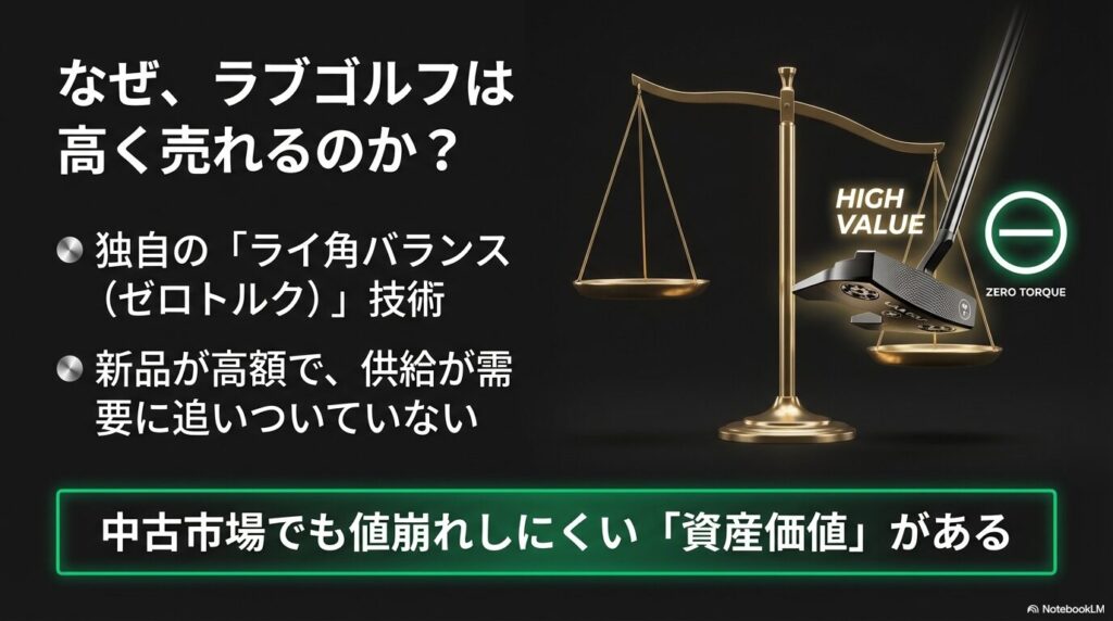 ラブゴルフのパターが高く売れる理由（独自のライ角バランス技術と需要過多の市場）を図解したスライド