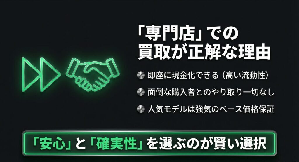 買取専門店を利用する正解な理由（即座に現金化、トラブルなし、ベース価格保証）
