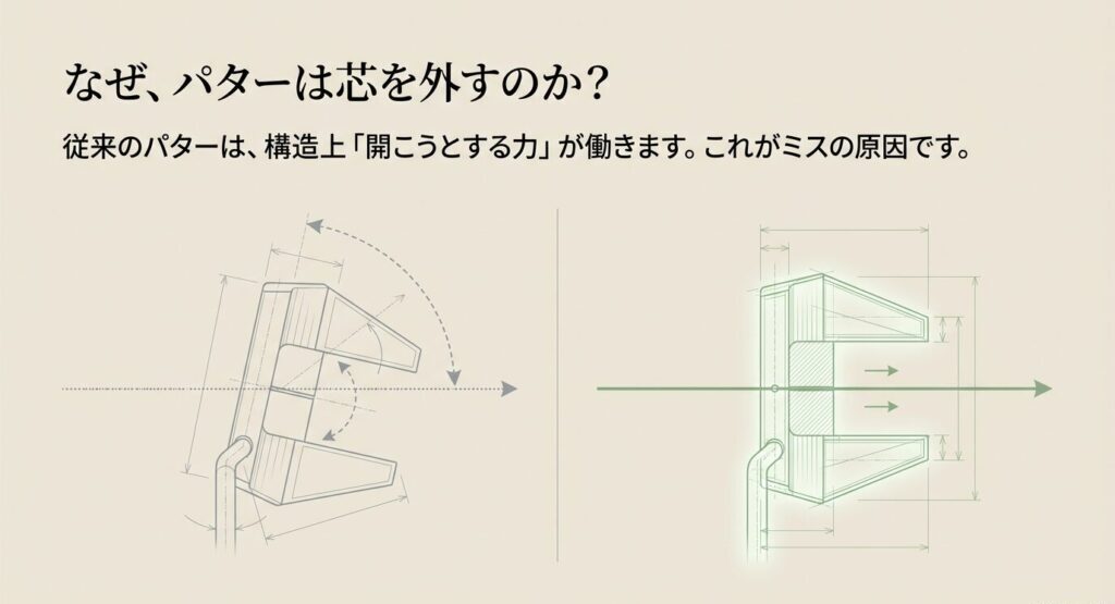 従来のパターで芯を外す原因となるストローク中の開こうとする力