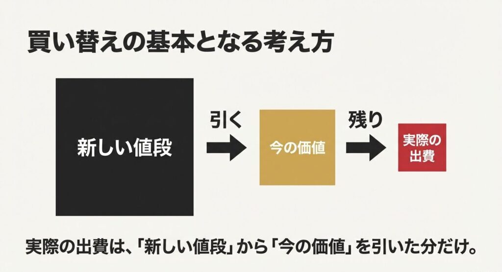 実際の出費は新しいパターの値段から今のパターの価値を引いた分だけという買い替えの基本となる考え方の図解