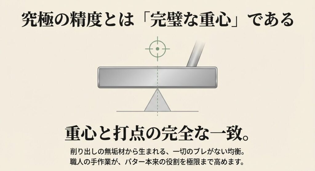 削り出し無垢材から生まれるクロノスパターの完璧な重心と打点の一致を示す図