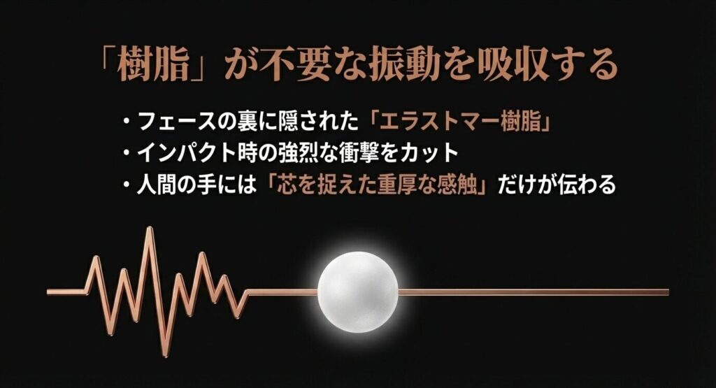 フェース裏のエラストマー樹脂が不要な振動を吸収し衝撃をカットする仕組み
