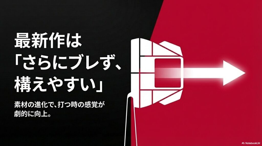 最新作のスパイダーは素材の進化によりさらにブレず構えやすい。打つ時の感覚が劇的に向上したことを説明するスライド