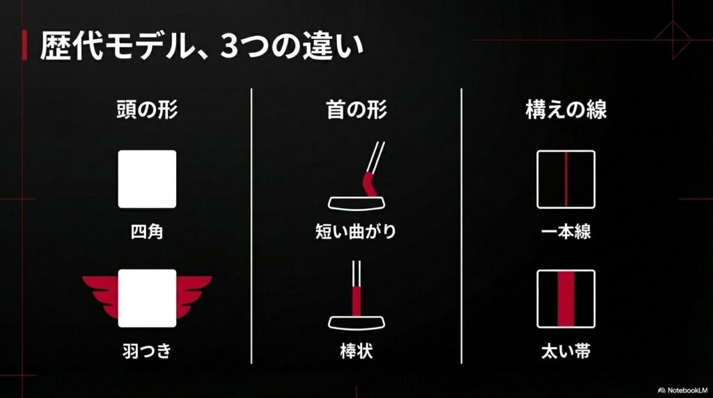 歴代スパイダーモデルにおける、ヘッドの形、ネックの形、アライメントラインという3つの違いを示す比較スライド