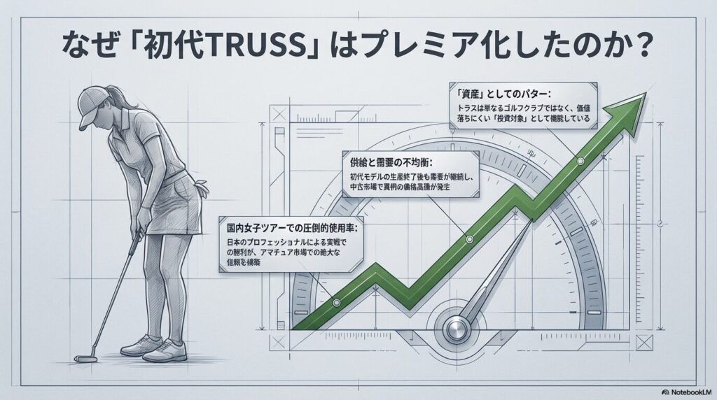 初代トラスパターが資産として価値落ちしにくい理由や、女子ツアーでの圧倒的使用率を解説した図表