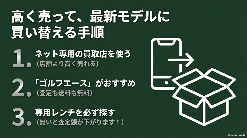 高く売って最新モデルに買い替える手順として、店舗より高く売れるネット専用の買取店を利用すること、無いと査定額が下がるため専用レンチを必ず探すことを解説