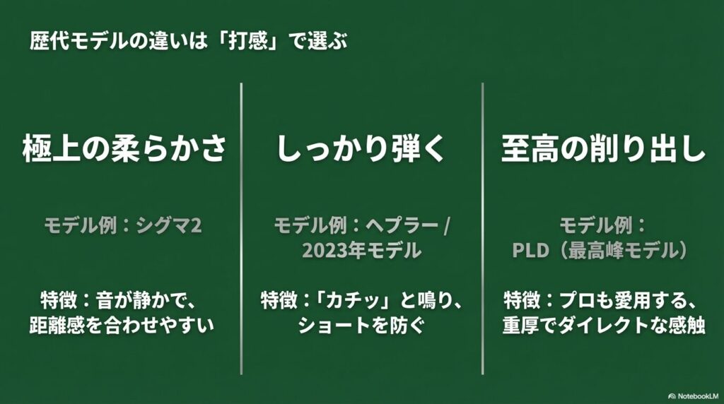 歴代モデルの違いは「打感」で選ぶとして、極上の柔らかさを持つシグマ2、しっかり弾くヘプラーや2023年モデル、至高の削り出しで重厚でダイレクトな感触のPLDを比較 。