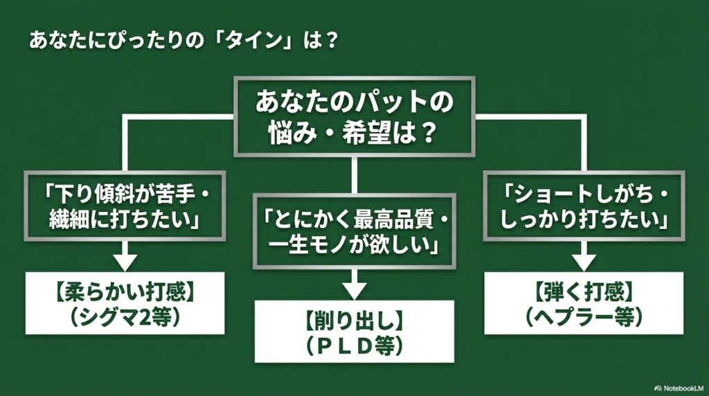 下り傾斜が苦手で繊細に打ちたいなら柔らかい打感のシグマ2等、とにかく最高品質の一生モノが欲しいなら削り出しのPLD等、ショートしがちでしっかり打ちたいなら弾く打感のヘプラー等という選び方図解 。