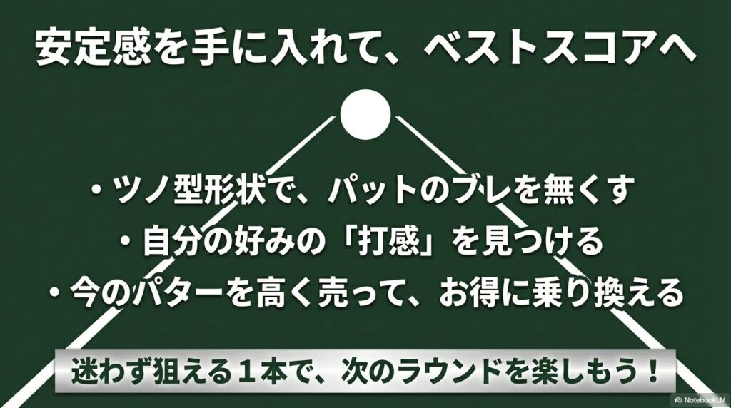 安定感を手に入れてベストスコアへ繋げるため、ツノ型形状でブレを無くし好みの打感を見つけること、今のパターを高く売ってお得に乗り換えることをまとめたスライド 。