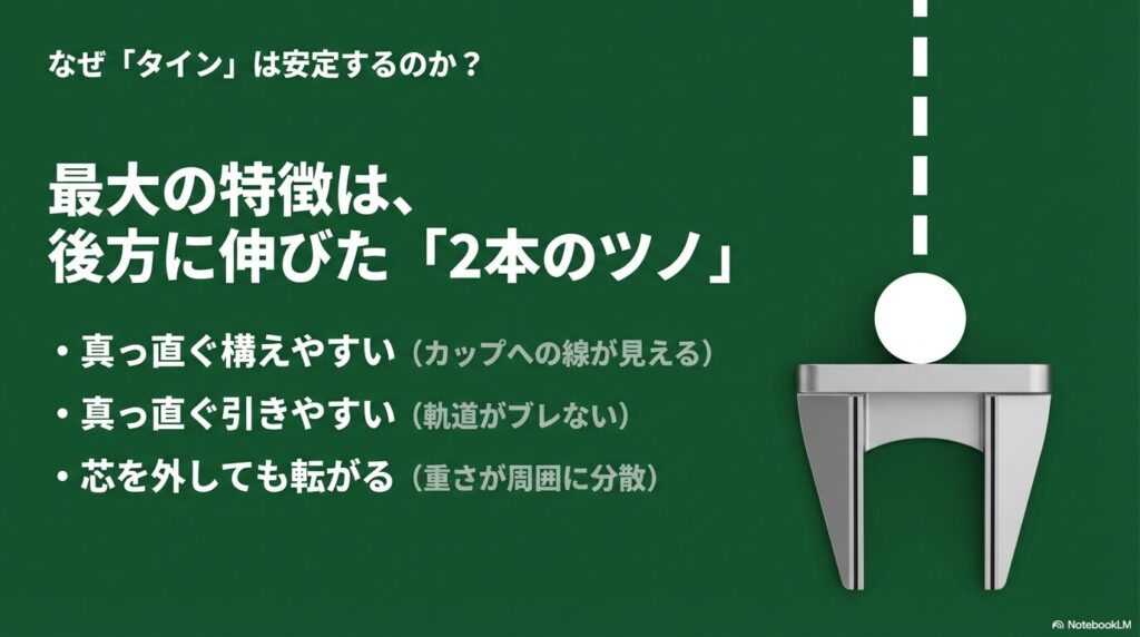 最大の特徴である後方に伸びた「2本のツノ」により、カップへの線が見えて真っ直ぐ構えやすく、軌道がブレずに真っ直ぐ引きやすいこと、重さが周囲に分散し芯を外しても転がることを解説 。