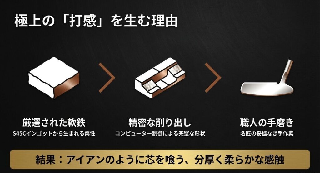 厳選された軟鉄インゴットから精密な削り出しと職人の手磨きを経て作られるマスダパターの製造工程