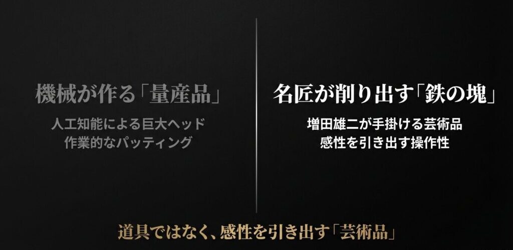 機械が作る量産品マレットパターと、名匠が増田雄二が削り出す鉄の塊であるマスダパターの比較