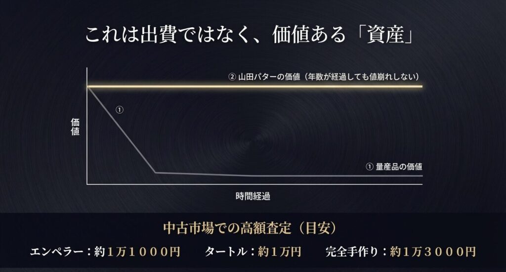 量産品と比較して、年数が経過しても値崩れしない山田パターの中古市場での価値を示すグラフ 。