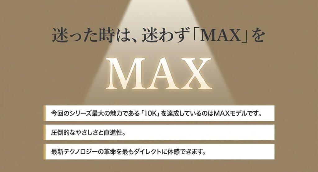 今回のシリーズ最大の魅力である10Kを達成しているQi10 MAXモデル