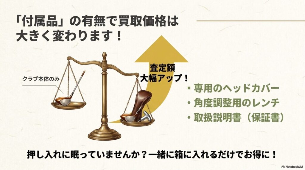 専用ヘッドカバー、角度調整用のレンチ、取扱説明書や保証書などの付属品の有無で査定額が大きく変わることを示す図