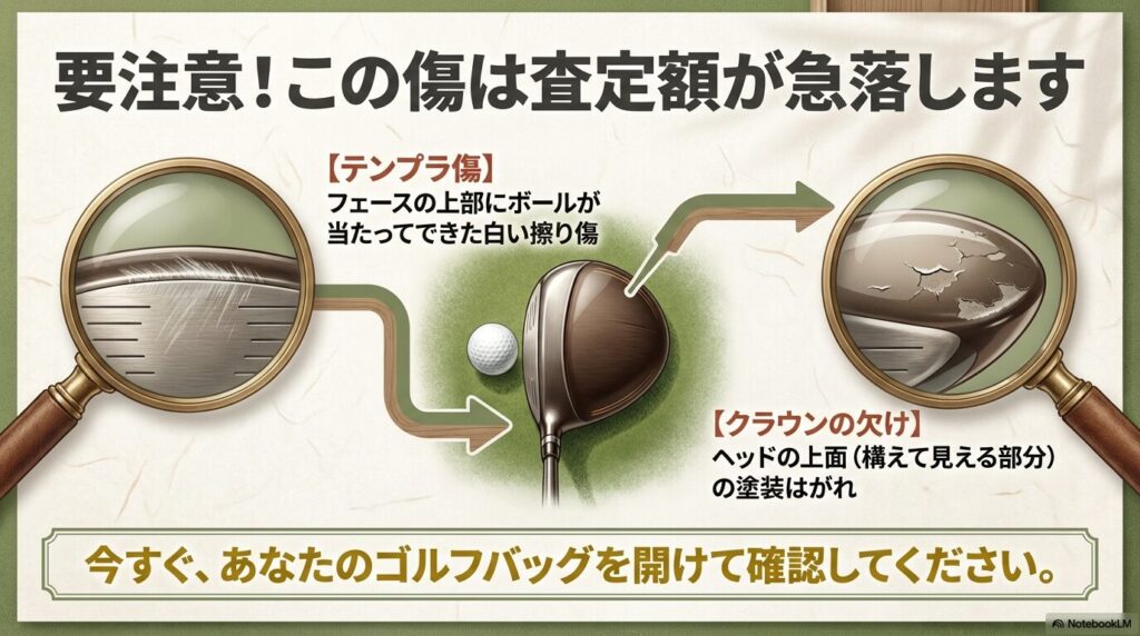 査定額が急落するテンプラ傷（フェース上部の擦り傷）やクラウン（ヘッド上面）の塗装はがれについて注意喚起する図