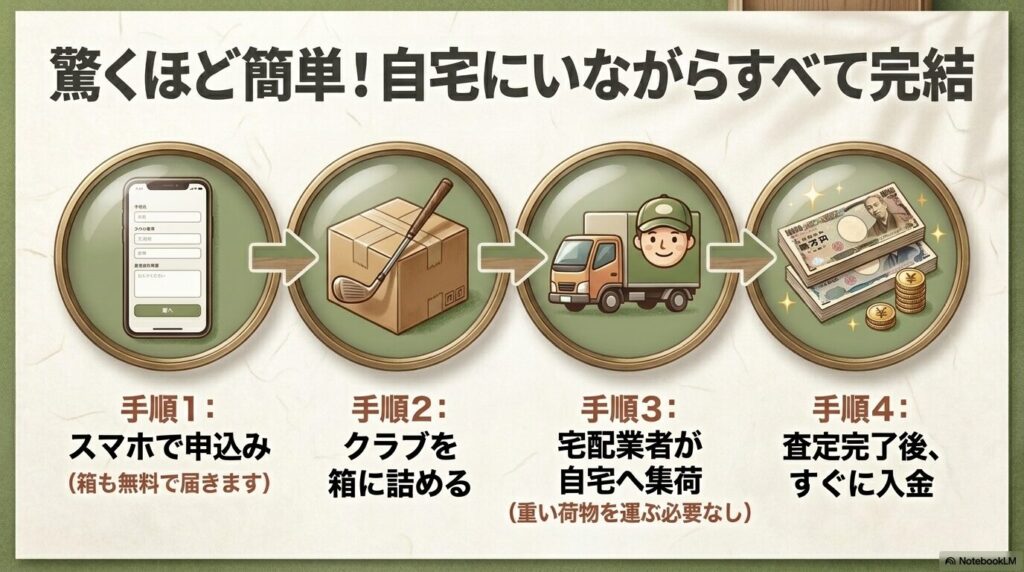 スマホでの申込みから箱詰め、宅配業者の集荷、査定後の入金まで、自宅で完結する宅配買取の簡単な4つの手順を説明した図